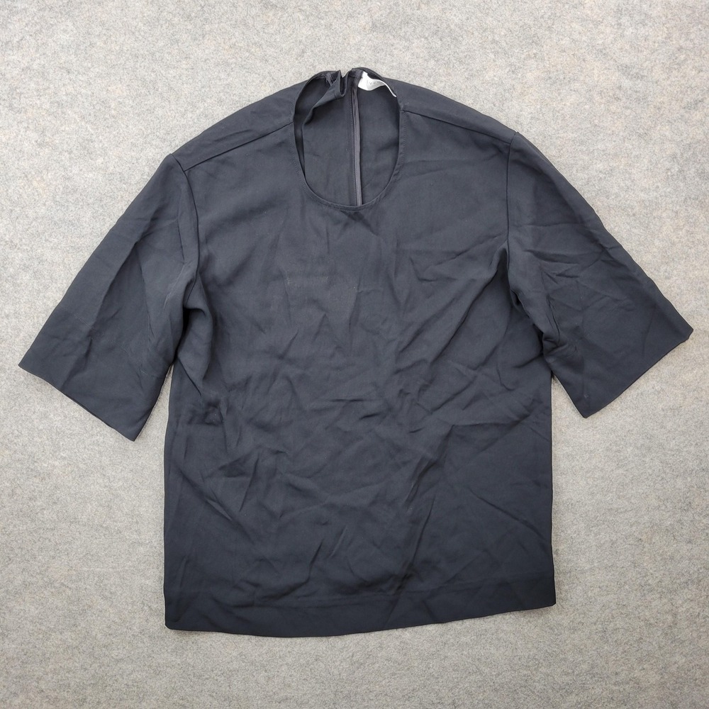 Everlane Blouse Womens 2 Blue Round Neck 3/4 Sleeve Back Zip‎ Woven Basic Top